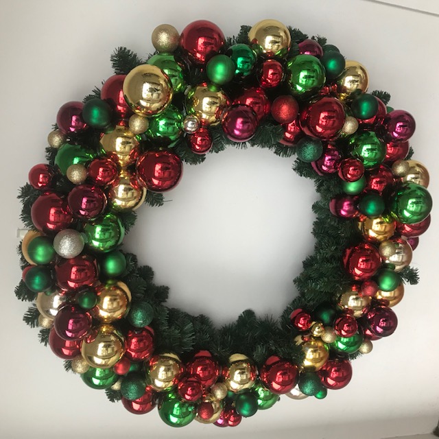 WREATH, Large 1m Dia Silver, Gold, Red & Green Baubles